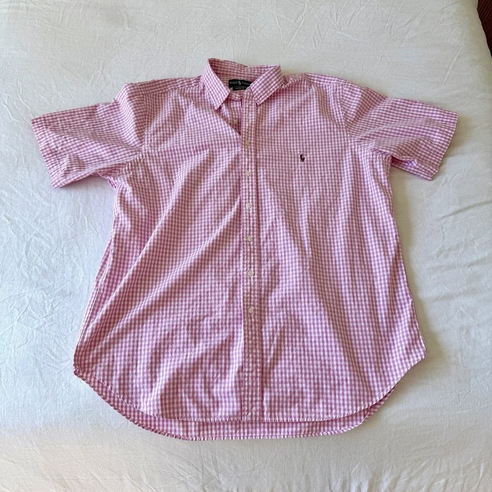 Vintage Ralph Lauren Button‎ Shirt 2XL Big Classic Fit Pony Gingham Plaid Pink